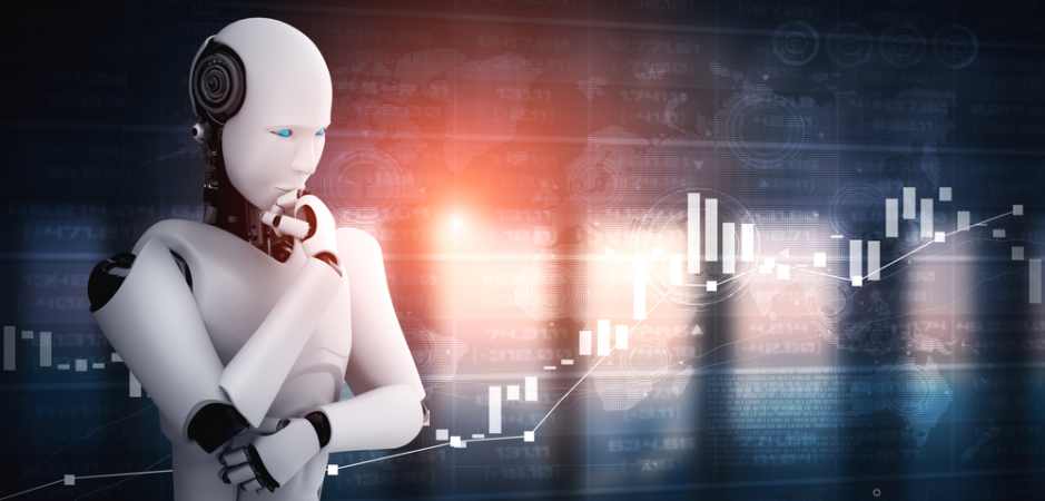 Robô humanoide AI pensando analisando o mercado de ações